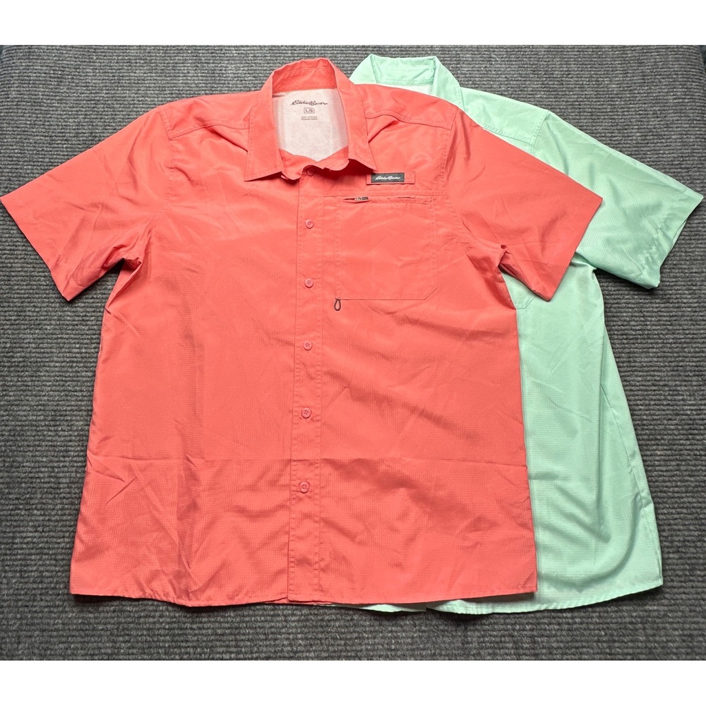 Eddie Bauer Fishing Shirt Mens Large Coral Mint Ripstop Hiking 2 Pack